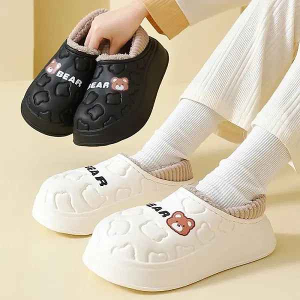 Waterproof Bear Winter Slippers: Fluffy Plush House Shoes for Men & Women (Indoor/Outdoor)