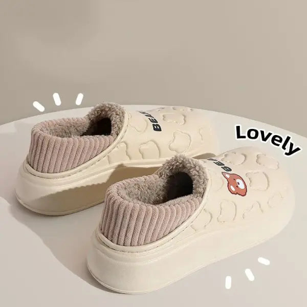 Waterproof Bear Winter Slippers: Fluffy Plush House Shoes for Men & Women (Indoor/Outdoor) - beige / 38-39
