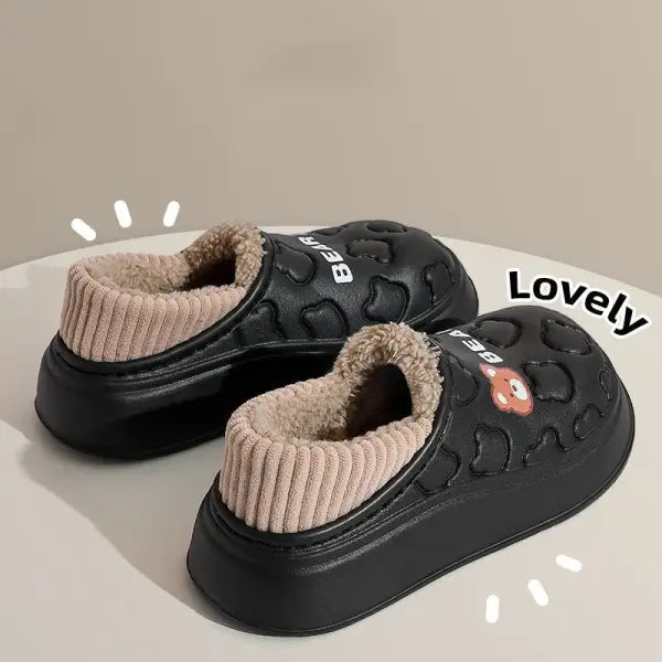 Waterproof Bear Winter Slippers: Fluffy Plush House Shoes for Men & Women (Indoor/Outdoor) - black / 40-41