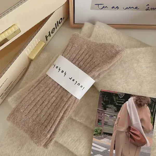 Winter Thick Warm Cashmere Wool Socks for Women – Harajuku Style Solid Color Long Thermal Fashion Socks - Light Brown