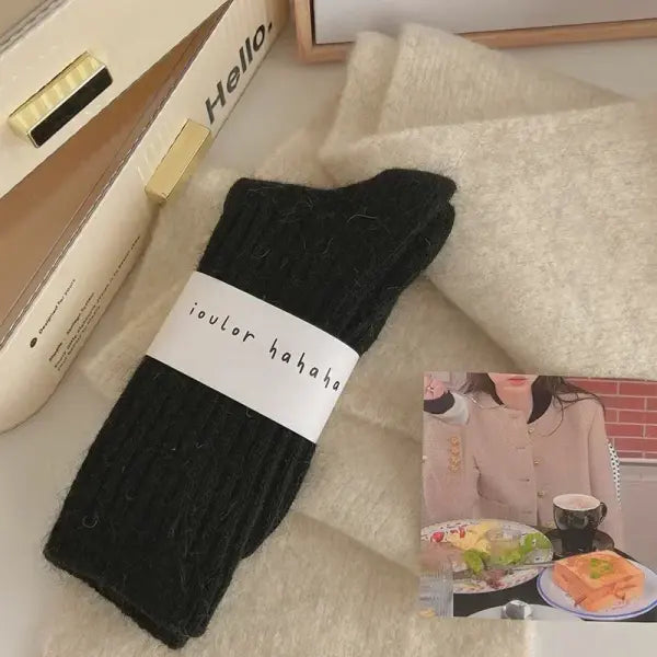 Winter Thick Warm Cashmere Wool Socks for Women – Harajuku Style Solid Color Long Thermal Fashion Socks - Black / Free