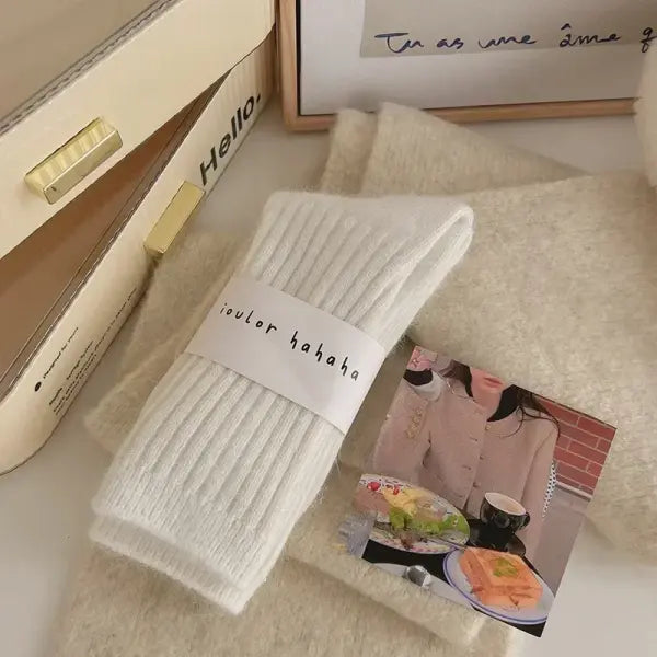 Winter Thick Warm Cashmere Wool Socks for Women – Harajuku Style Solid Color Long Thermal Fashion Socks - White / Free