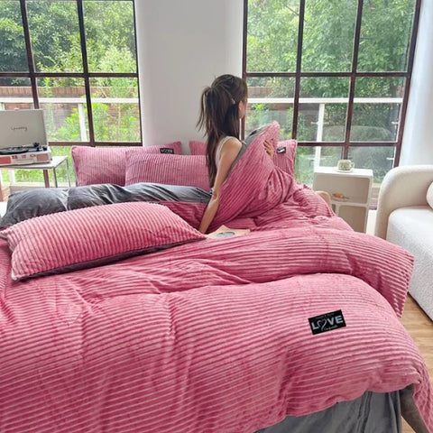 Winter Warm Coral Fleece Duvet Cover Set - King Queen Twin - 01-dousha / set / 180x220cm 3pcs