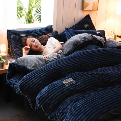 Winter Warm Coral Fleece Duvet Cover Set - King Queen Twin - 09-meiyingzanglan / set / 180x220cm 3pcs