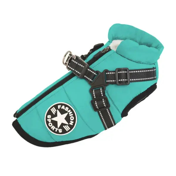 Waterproof Winter Dog Jacket with Harness – Warm Coat for Large Dogs Labrador Chihuahua & French Bulldog - Blue Green