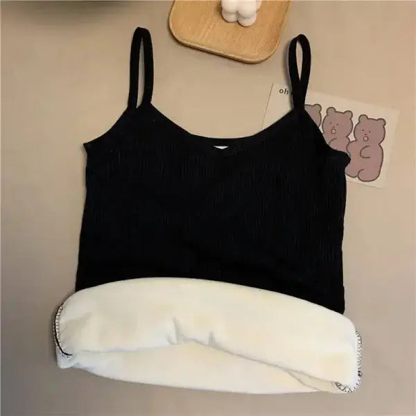 Black knit camisole thermal undershirt with white trim, winter warm sleeveless crop