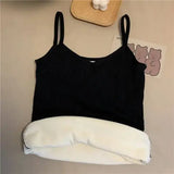 Black knit camisole thermal undershirt with white trim, winter warm sleeveless crop
