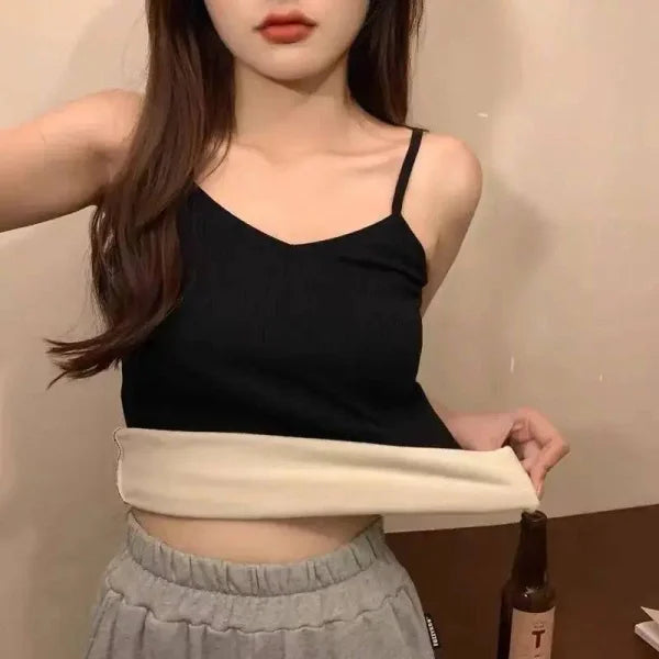 Black and cream thermal undershirt, winter warm sleeveless crop for women’s layering