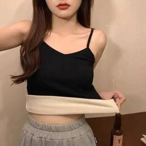 Black and cream thermal undershirt, winter warm sleeveless crop for women’s layering