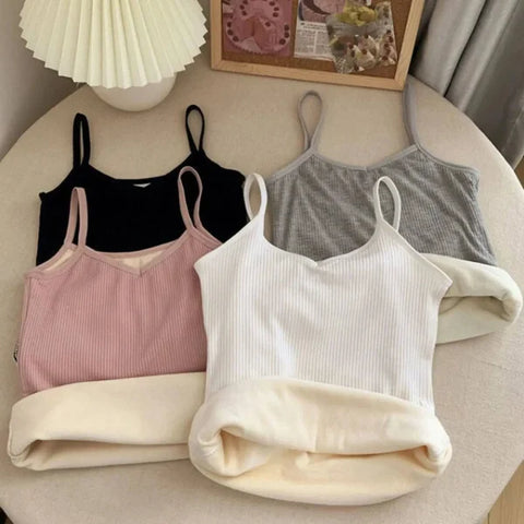 Collection of ribbed warm sleeveless crop thermal undershirts in black, pink, white, gray