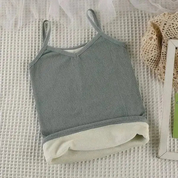 Sage green ribbed crop thermal undershirt with white fleece lining