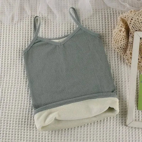 Sage green ribbed warm sleeveless crop thermal undershirt with white fleece lining