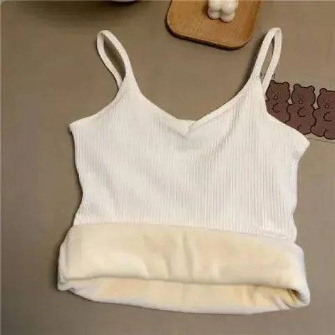 White ribbed thermal undershirt featuring a folded bottom hem for winter warmth