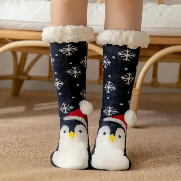 Winter Plush Socks for Women – Soft Non-Slip Fuzzy Floor Slippers Cute Penguin & Animal Design Cozy Christmas Gift
