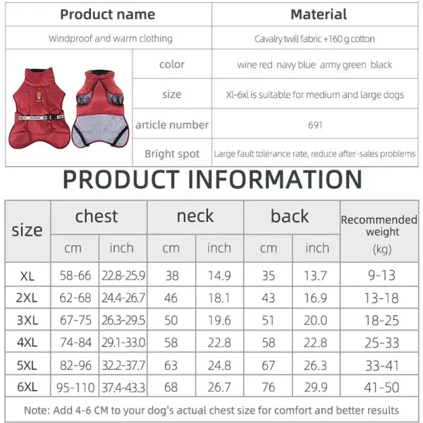 Winter Waterproof Dog Jacket – Warm Reflective Vest Coat for Medium & Large Dogs Labrador & Golden Retriever