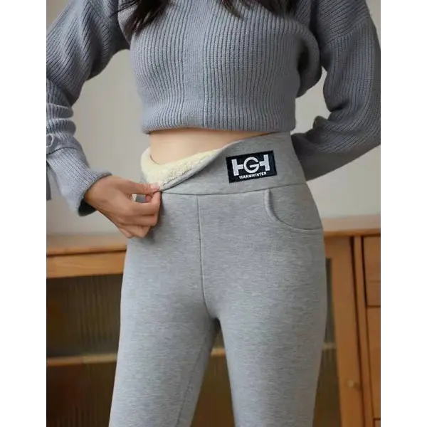 Women’s Winter Leggings – High-Waist Fleece-Lined Thick Lambswool Pants with Pocket Stretchy Warm Solid Leggings - Gray