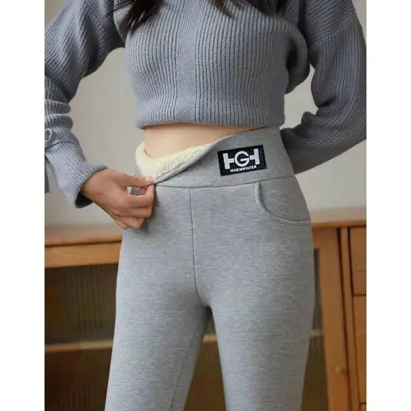 Women’s Winter Leggings – High-Waist Fleece-Lined Thick Lambswool Pants with Pocket Stretchy Warm Solid Leggings - Gray