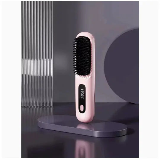 Wireless Hair Straightener Brush Portable USB Charging Fast Heating - Pink - None