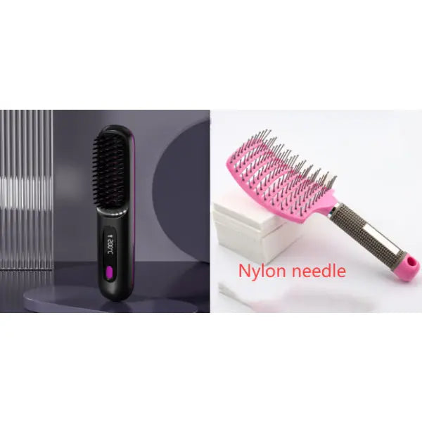 Wireless Hair Straightener Brush Portable USB Charging Fast Heating - LCD Black English set2 - None