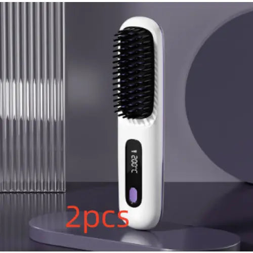 Wireless Hair Straightener Brush Portable USB Charging Fast Heating - LCD White English 2pcs - None