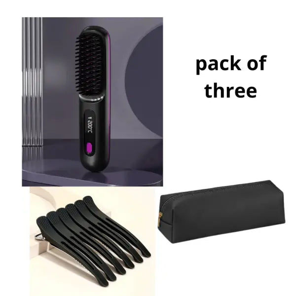 Wireless Hair Straightener Brush Portable USB Charging Fast Heating - Set - None