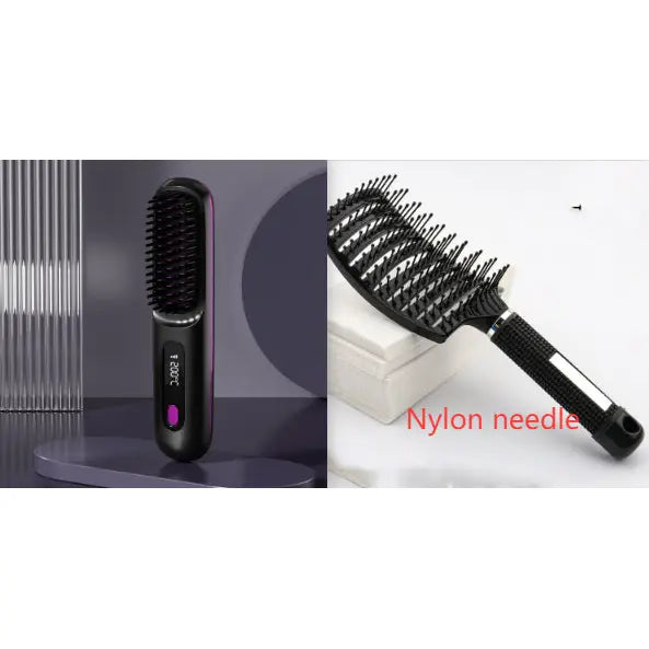Wireless Hair Straightener Brush Portable USB Charging Fast Heating - LCD Black English set1 - None