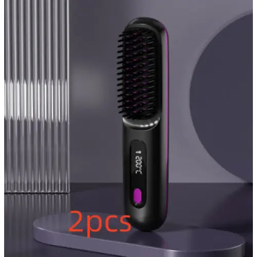 Wireless Hair Straightener Brush Portable USB Charging Fast Heating - LCD Black English 2pcs - None