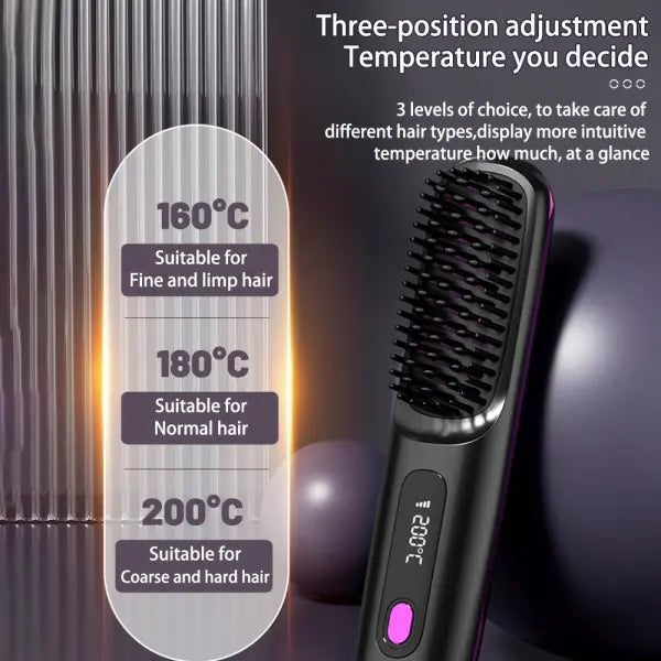 Wireless Hair Straightener Brush Portable USB Charging Fast Heating - None