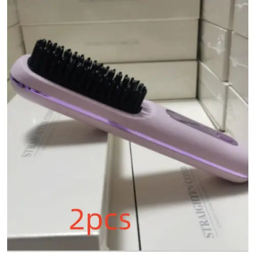 Wireless Hair Straightener Brush Portable USB Charging Fast Heating - LCD taro purple 2pcs - None