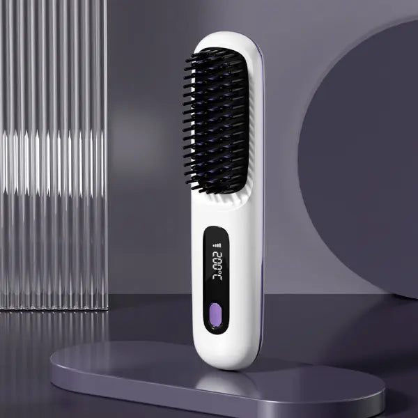 Wireless Hair Straightener Brush Portable USB Charging Fast Heating - LCD White English - None