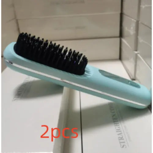 Wireless Hair Straightener Brush Portable USB Charging Fast Heating - LCD unpredictable blue 2pcs - None
