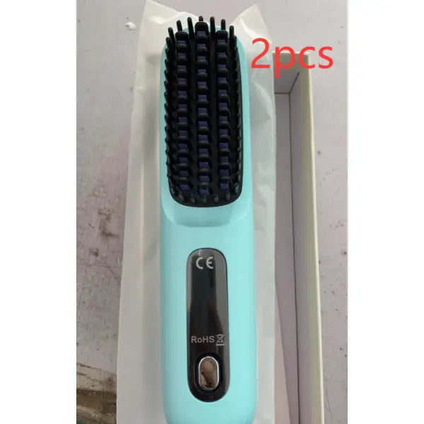 Wireless Hair Straightener Brush Portable USB Charging Fast Heating - LCD Blue English 2pcs - None