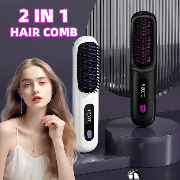 Wireless Hair Straightener Brush Portable USB Charging Fast Heating - None