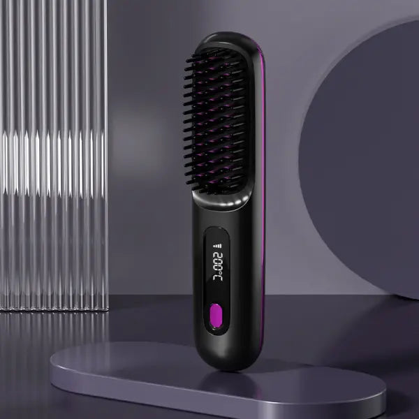 Wireless Hair Straightener Brush Portable USB Charging Fast Heating - LCD Black English - None