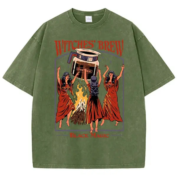Witches Brew Coffee Black Magic Washed Retro Mens T Shirt - Dark Green / M