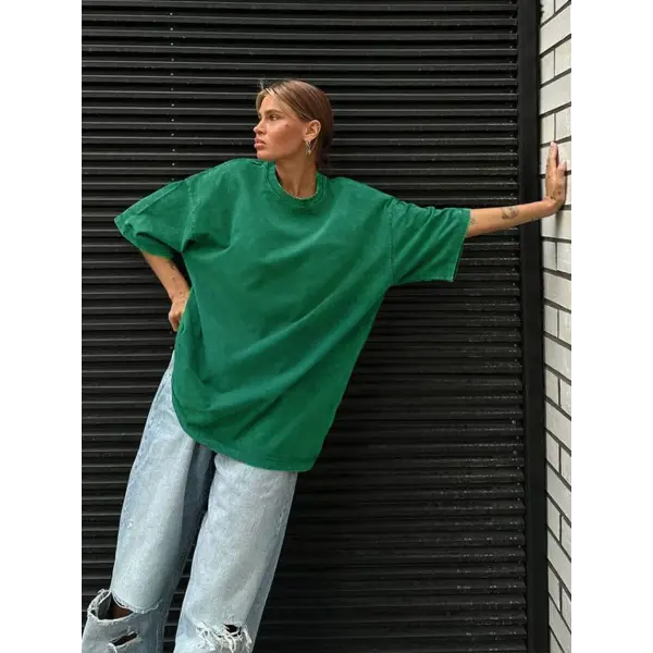 Orinchic Loose Fit 100 Percent Cotton O Neck Womens Casual Tee - Grass green / M