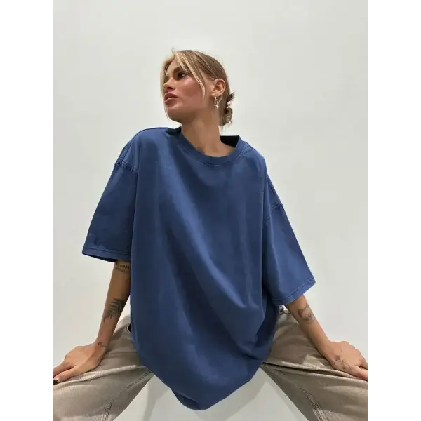 Orinchic Loose Fit 100 Percent Cotton O Neck Womens Casual Tee - Blue / XL