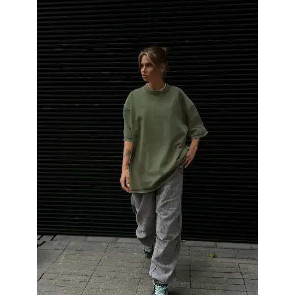 Orinchic Loose Fit 100 Percent Cotton O Neck Womens Casual Tee - army green / XL