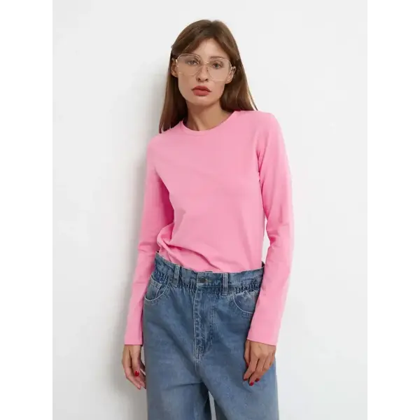 Women Loose Fit Pure Cotton Knitted Tee for Spring Autumn - Pink / XXL