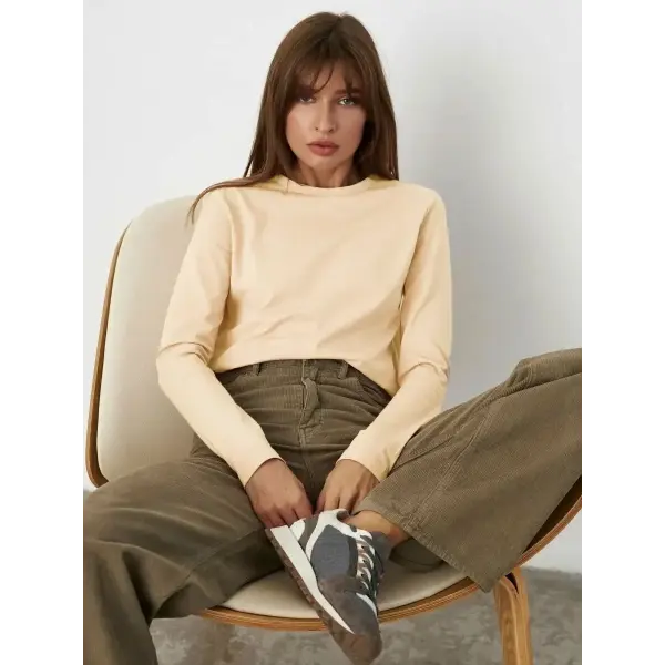 Women Loose Fit Pure Cotton Knitted Tee for Spring Autumn