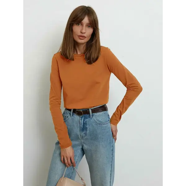 Women Loose Fit Pure Cotton Knitted Tee for Spring Autumn - Orange / XL