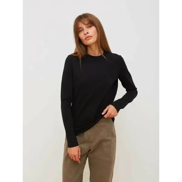 Women Loose Fit Pure Cotton Knitted Tee for Spring Autumn - black / S
