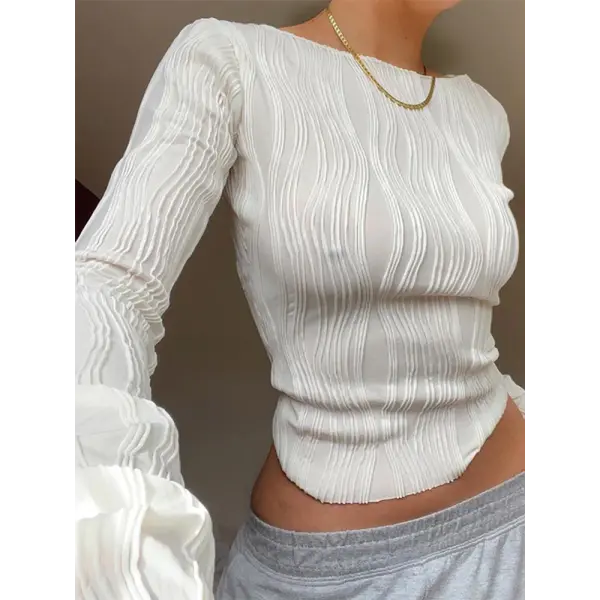 Woman Fashion Casual Ruched Long Sleeve T-shirt Blouses Female White Skinny Cropped Bottoming Shirt 2024 Autumn Y2K Top
