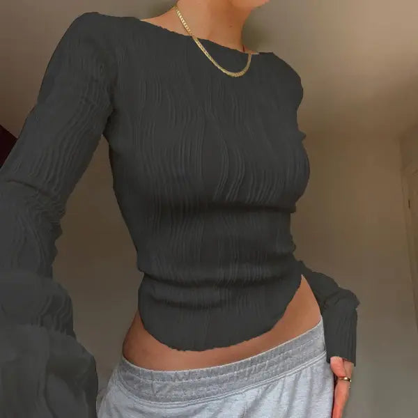 Women’s Ruched Long Sleeve Crop Top - Casual Y2K Skinny Bottoming Shirt & Autumn Fashion Blouse - black / L