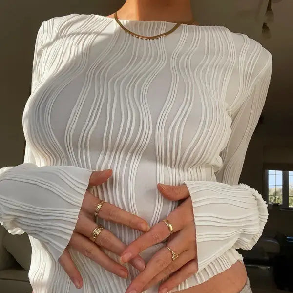 Woman Fashion Casual Ruched Long Sleeve T-shirt Blouses Female White Skinny Cropped Bottoming Shirt 2024 Autumn Y2K Top
