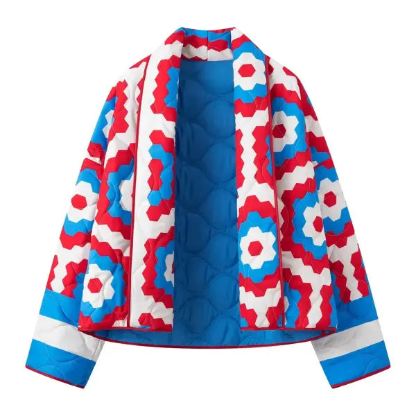 Women’s Casual Fall-Winter Parka – Vintage Geometric Print Kimono Cardigan with Lapel - Picture color / M