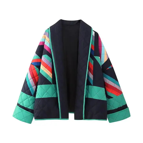 Women’s Casual Fall-Winter Parka – Vintage Geometric Print Kimono Cardigan with Lapel - Picture color 1 / S