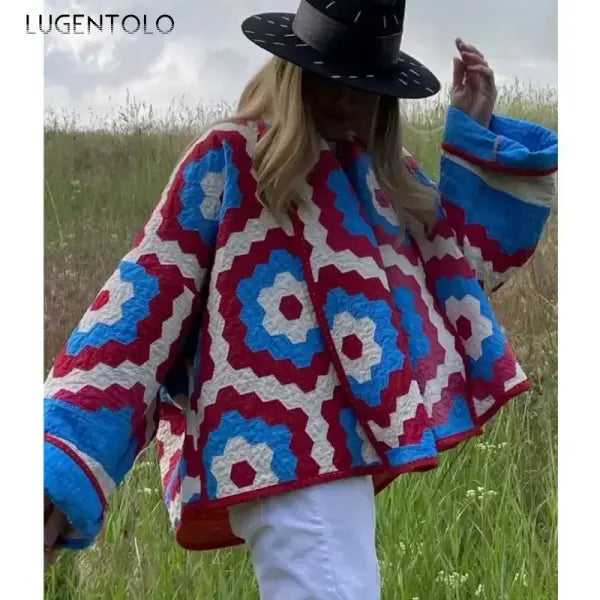 Women’s Casual Fall-Winter Parka – Vintage Geometric Print Kimono Cardigan with Lapel
