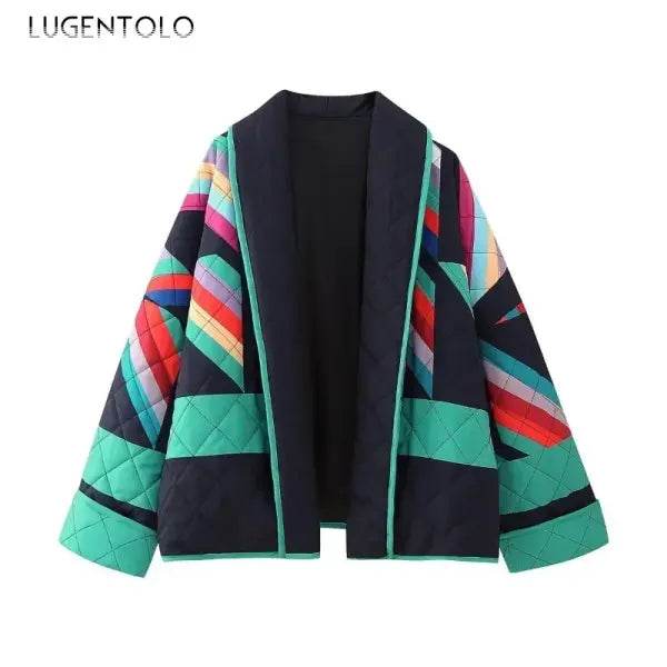 Women’s Casual Fall-Winter Parka – Vintage Geometric Print Kimono Cardigan with Lapel