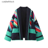 Women’s Casual Fall-Winter Parka – Vintage Geometric Print Kimono Cardigan with Lapel